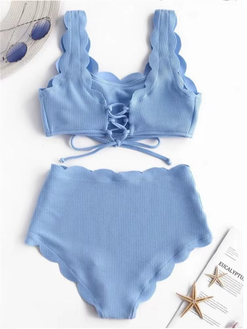 Solid Blue Two Pieces Swimsuit Bathing Suits Bikini Women Scalloped Textured High Waisted Bikini Set Lace up Bathing Suits XXL